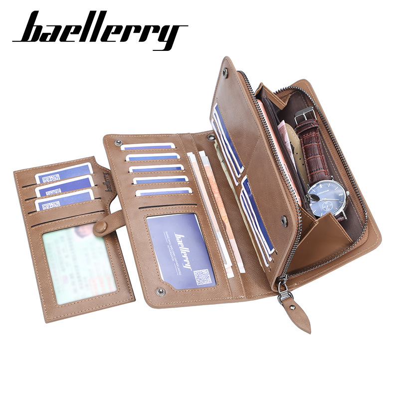 Men's Wallet:Baellerry Men's Long Vintage Crazy Horse Leather Wallet, Trifold Card Holder with Snap Closure, Multi-Card Organizer Purse