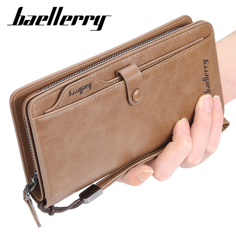 Men's Wallet:Baellerry Men's Long Vintage Crazy Horse Leather Wallet, Trifold Card Holder with Snap Closure, Multi-Card Organizer Purse