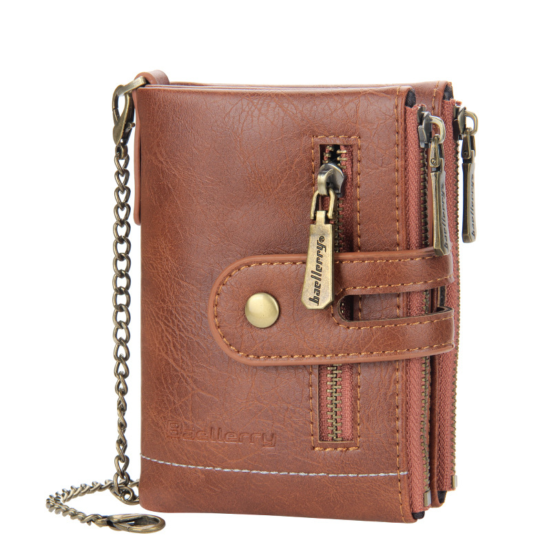 Baellerry Men's Short Wallet, Business PU Leather Purse with Double Zipper, Vintage Bifold Card Holder