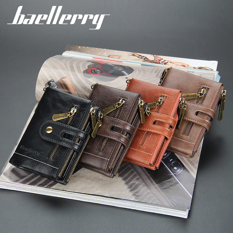 Baellerry Men's Short Wallet, Business PU Leather Purse with Double Zipper, Vintage Bifold Card Holder