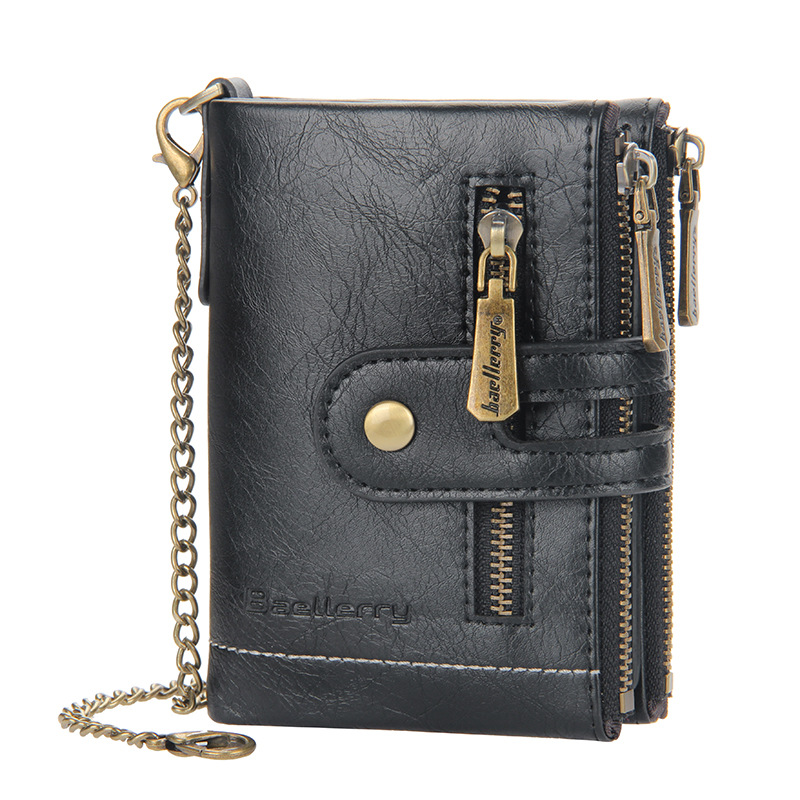 Baellerry Men's Short Wallet, Business PU Leather Purse with Double Zipper, Vintage Bifold Card Holder