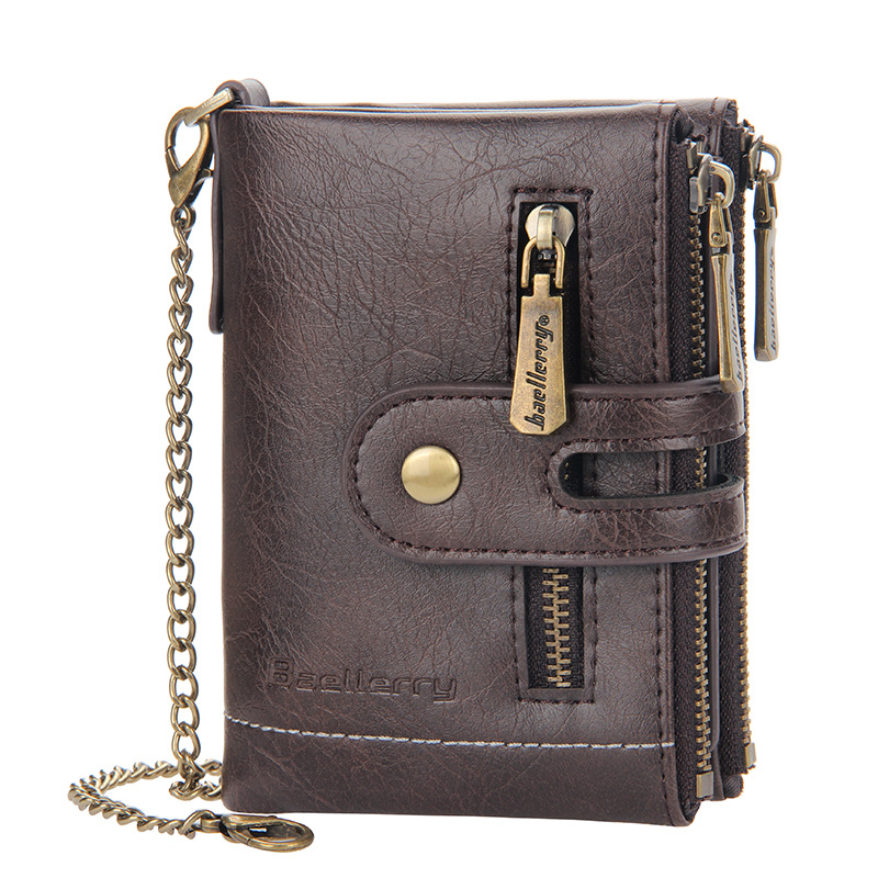 Baellerry Men's Short Wallet, Business PU Leather Purse with Double Zipper, Vintage Bifold Card Holder