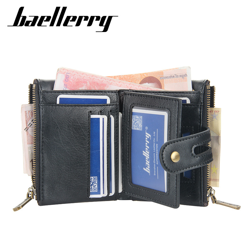 Baellerry Men's Short Wallet, Business PU Leather Purse with Double Zipper, Vintage Bifold Card Holder