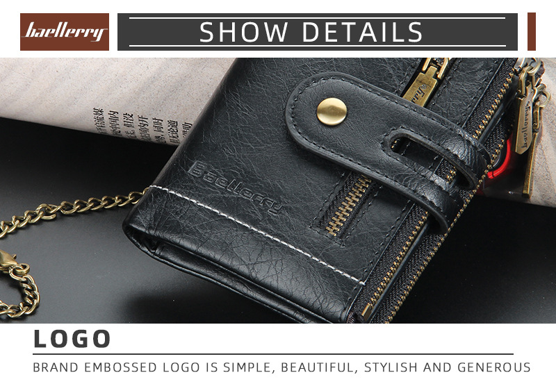 Baellerry Men's Short Wallet, Business PU Leather Purse with Double Zipper, Vintage Bifold Card Holder