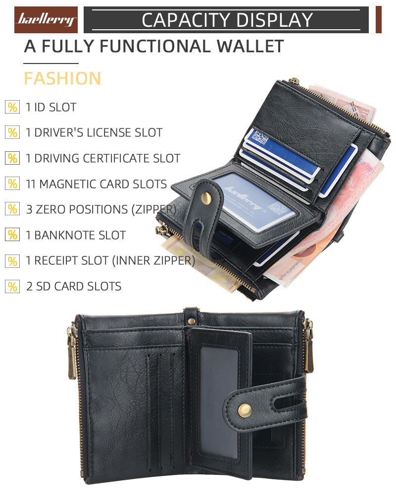Baellerry Men's Short Wallet, Business PU Leather Purse with Double Zipper, Vintage Bifold Card Holder