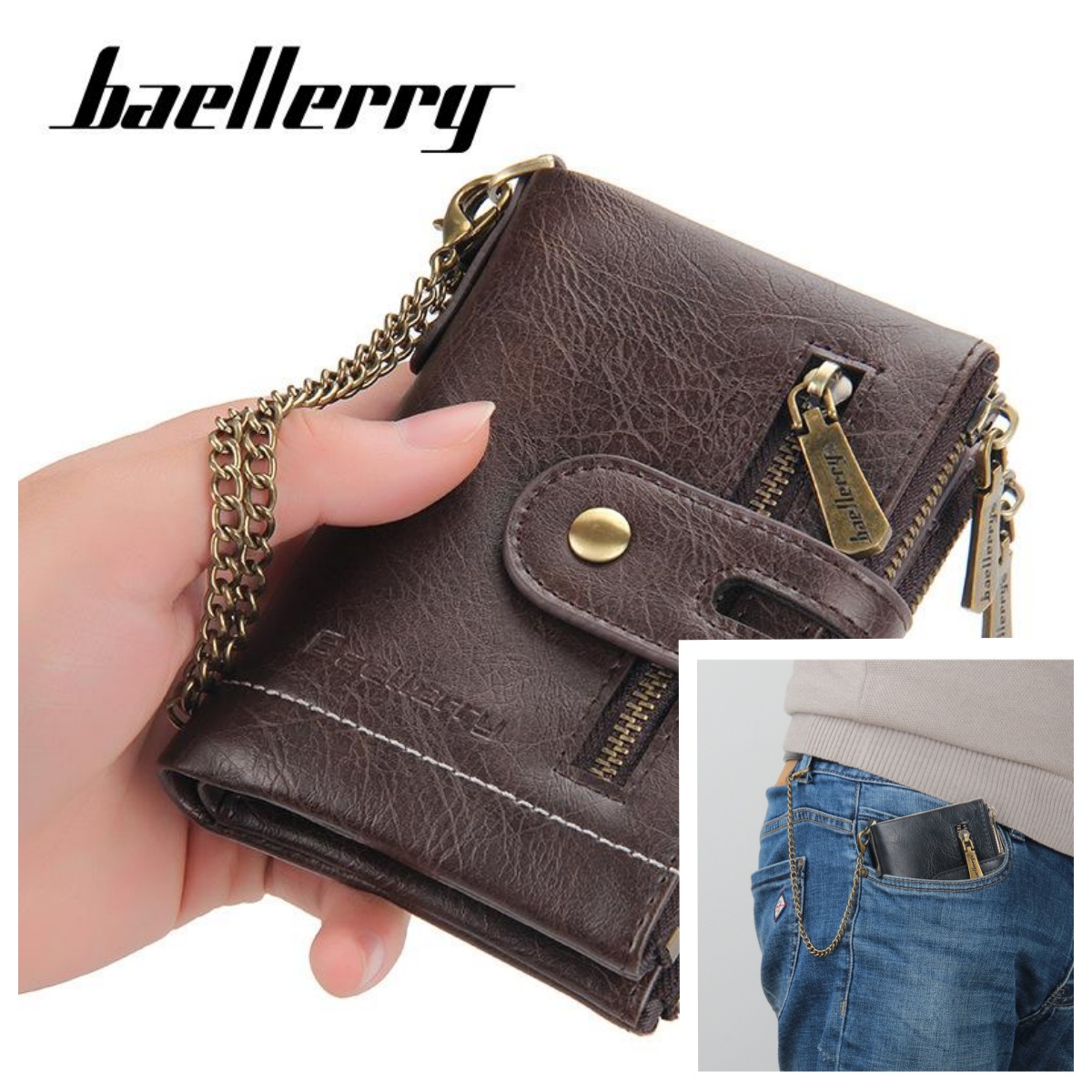 Baellerry Men's Short Wallet, Business PU Leather Purse with Double Zipper, Vintage Bifold Card Holder