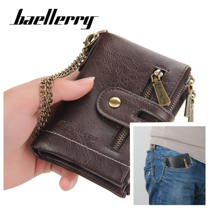 Baellerry Men's Short Wallet, Business PU Leather Purse with Double Zipper, Vintage Bifold Card Holder