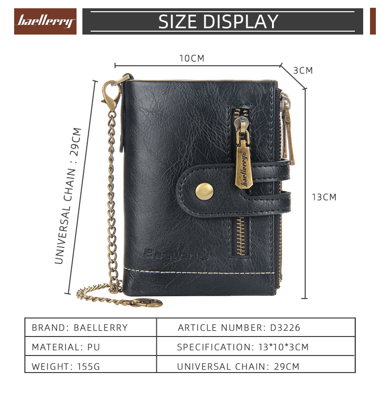 Baellerry Men's Short Wallet, Business PU Leather Purse with Double Zipper, Vintage Bifold Card Holder