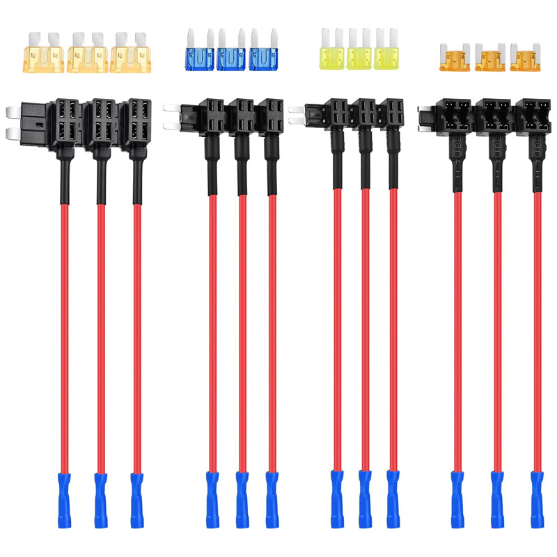 12Pcs ATC/MINI Car Fuse Tap Adapter, 12V Automotive Circuit Extension Wire for Standard & Mini Blade Fuse, for Dash Cam LED Light