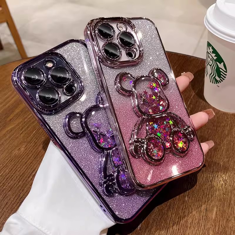 iPhone case :Labubu Case for  iPhone 17/ iPhone 16/ iPhone 15/iPhone14/iPhone 13/12/11，Gradient Glitter Liquid Bear TPU Phone Case Shockproof Cover For iPhone 17/16/15 Pro Max