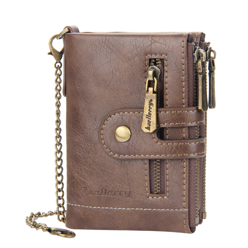 Baellerry Men's Short Wallet, Business PU Leather Purse with Double Zipper, Vintage Bifold Card Holder