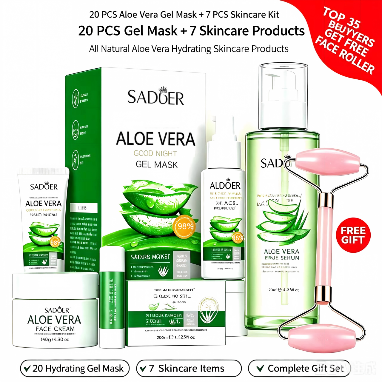 SADOER 27 Pcs Complete Skincare Set: Aloe Vera Cleanser + Face Cream  + Face Serum + Face Toner + Eye Cream + 20-sheet Gel Mask Pack + Lip Balm + Hand Cream Gift Set