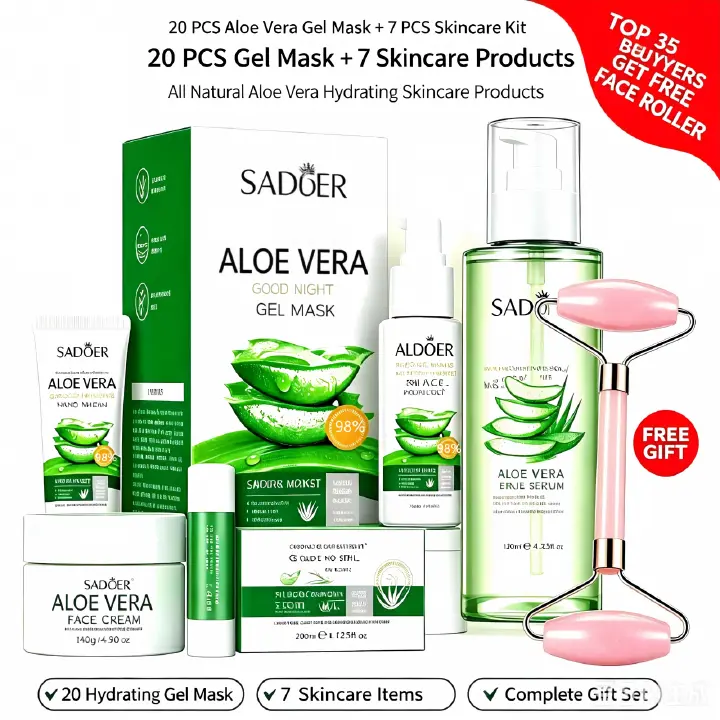 SADOER 27 Pcs Complete Skincare Set: Aloe Vera Cleanser + Face Cream  + Face Serum + Face Toner + Eye Cream + 20-sheet Gel Mask Pack + Lip Balm + Hand Cream Gift Set