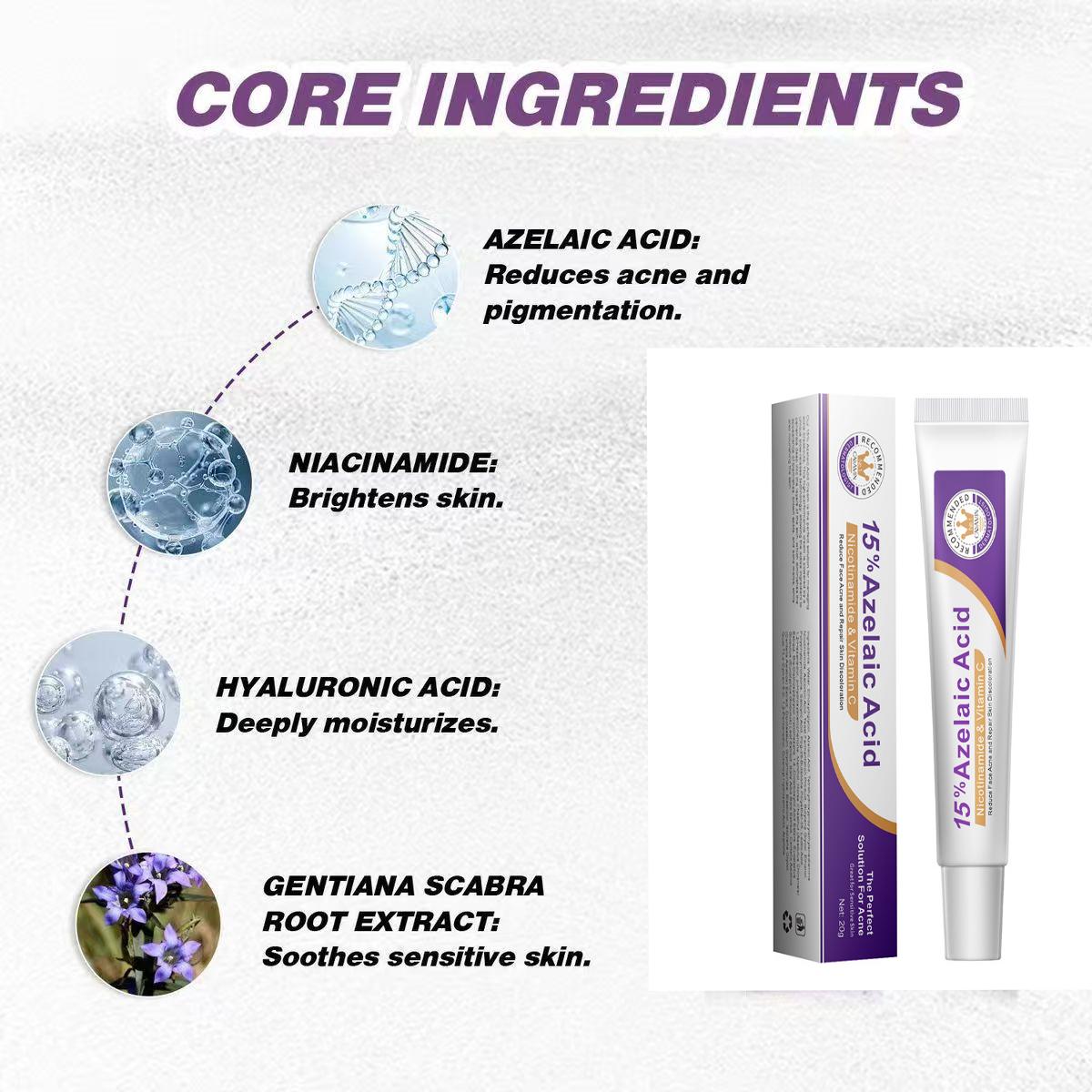 15% Azelaic Acid Blemish Removal Cream, 15% Azelaic Acid Facial Cream 20g, Niacinamide Vitamin C, Reduce Acne & Dark Spots, Skin Redness Relief