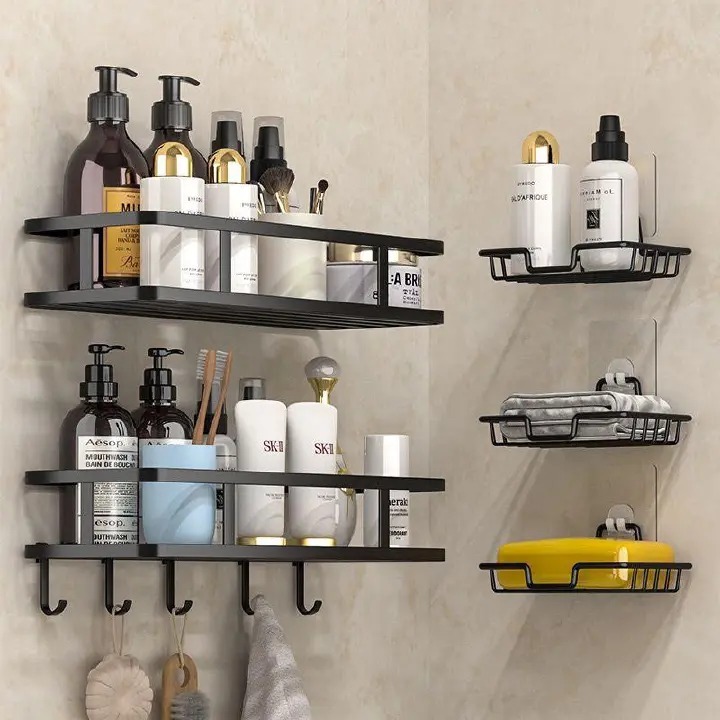 OFFER !!! OFFER!!!Rustproof Shower Corner Caddy eith hooks Wall Mounted Adhesive Shower Organizer Shelf Bathroom Storage Rack Wall Mounted Floating SHELF