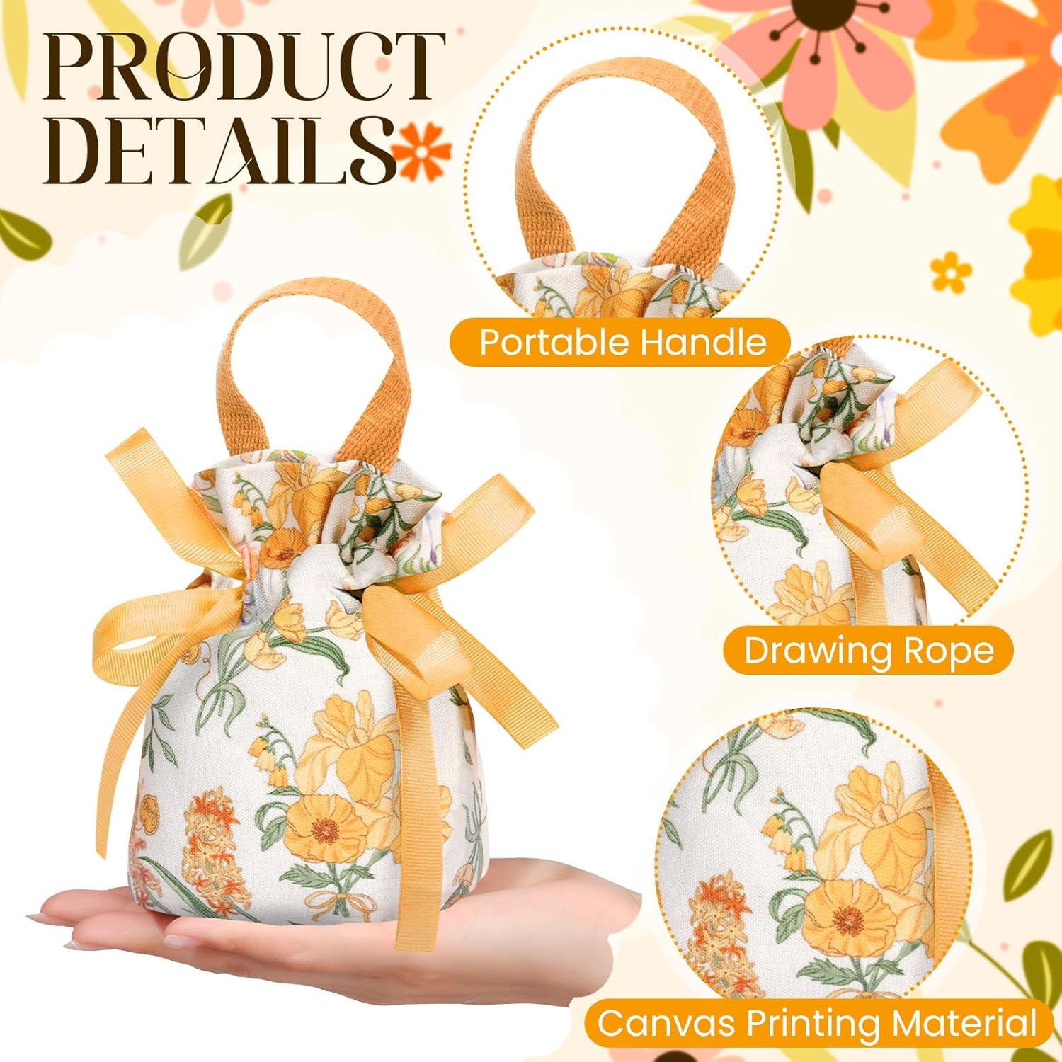 10Pcs Floral Canvas Gift Bags, Durable Pouches for Jewelry, Candy & Party Favors – Ideal for Birthdays, Weddings & All Celebrations