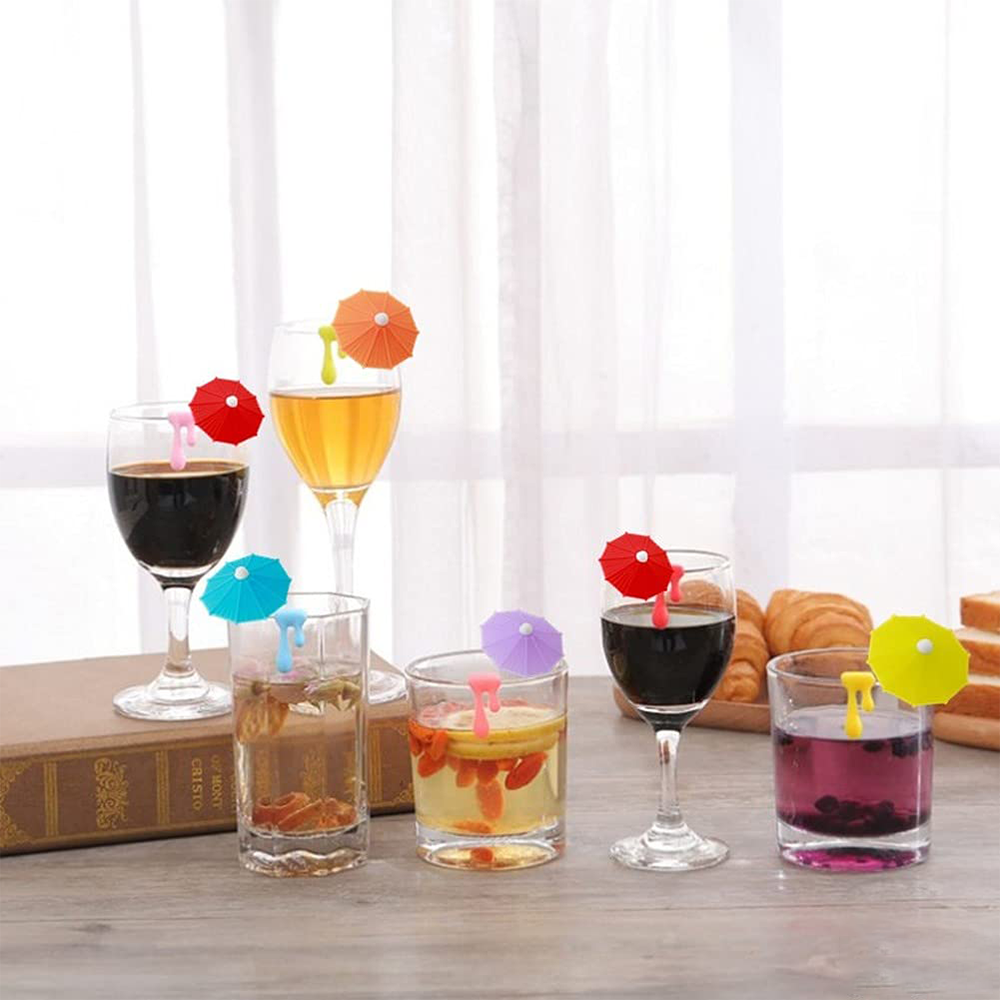 6Pcs Silicone Umbrella Drink Markers, Wine Glass Charms Cup Identifier Tags, Reusable Mug Markers for Summer Christmas Cocktail Party Wine Tasting Decoration