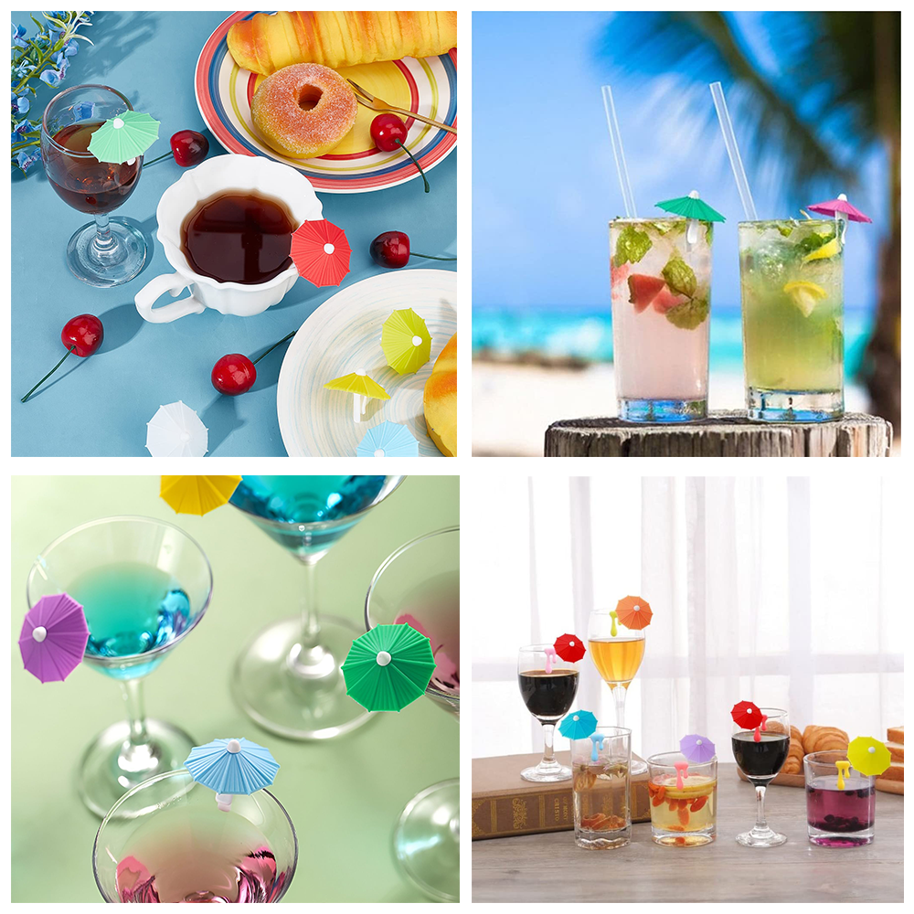 6Pcs Silicone Umbrella Drink Markers, Wine Glass Charms Cup Identifier Tags, Reusable Mug Markers for Summer Christmas Cocktail Party Wine Tasting Decoration