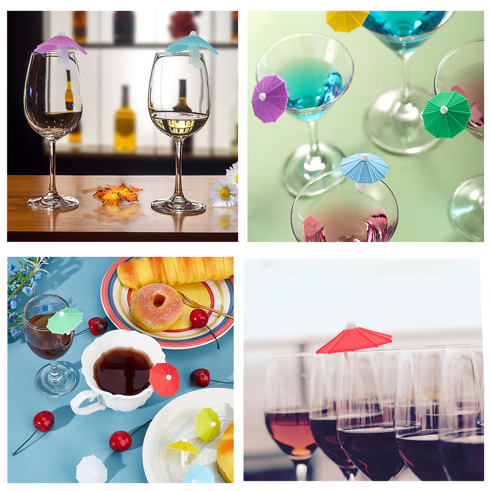 6Pcs Silicone Umbrella Drink Markers, Wine Glass Charms Cup Identifier Tags, Reusable Mug Markers for Summer Christmas Cocktail Party Wine Tasting Decoration