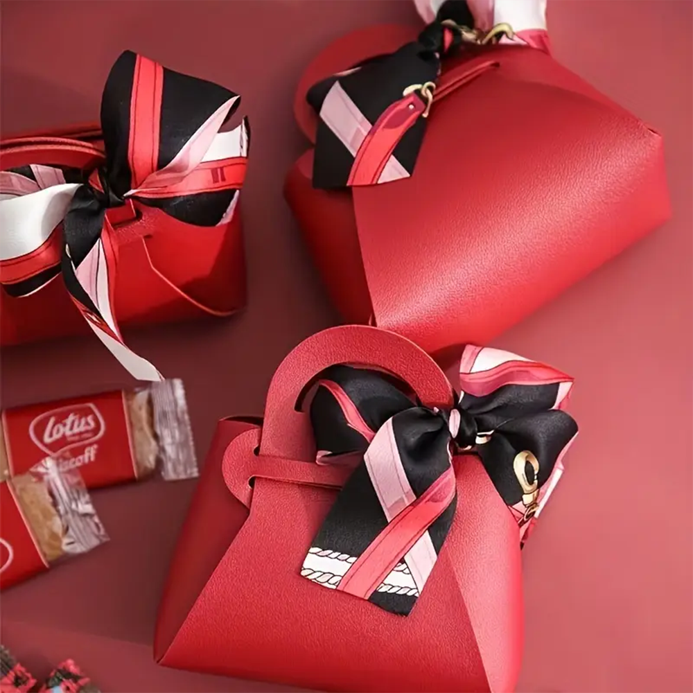 20 Pcs Faux Leather Gift Bags with Bow Ribbons, Mini Handbag Design for Wedding Birthday Party Favor & Candy Packaging