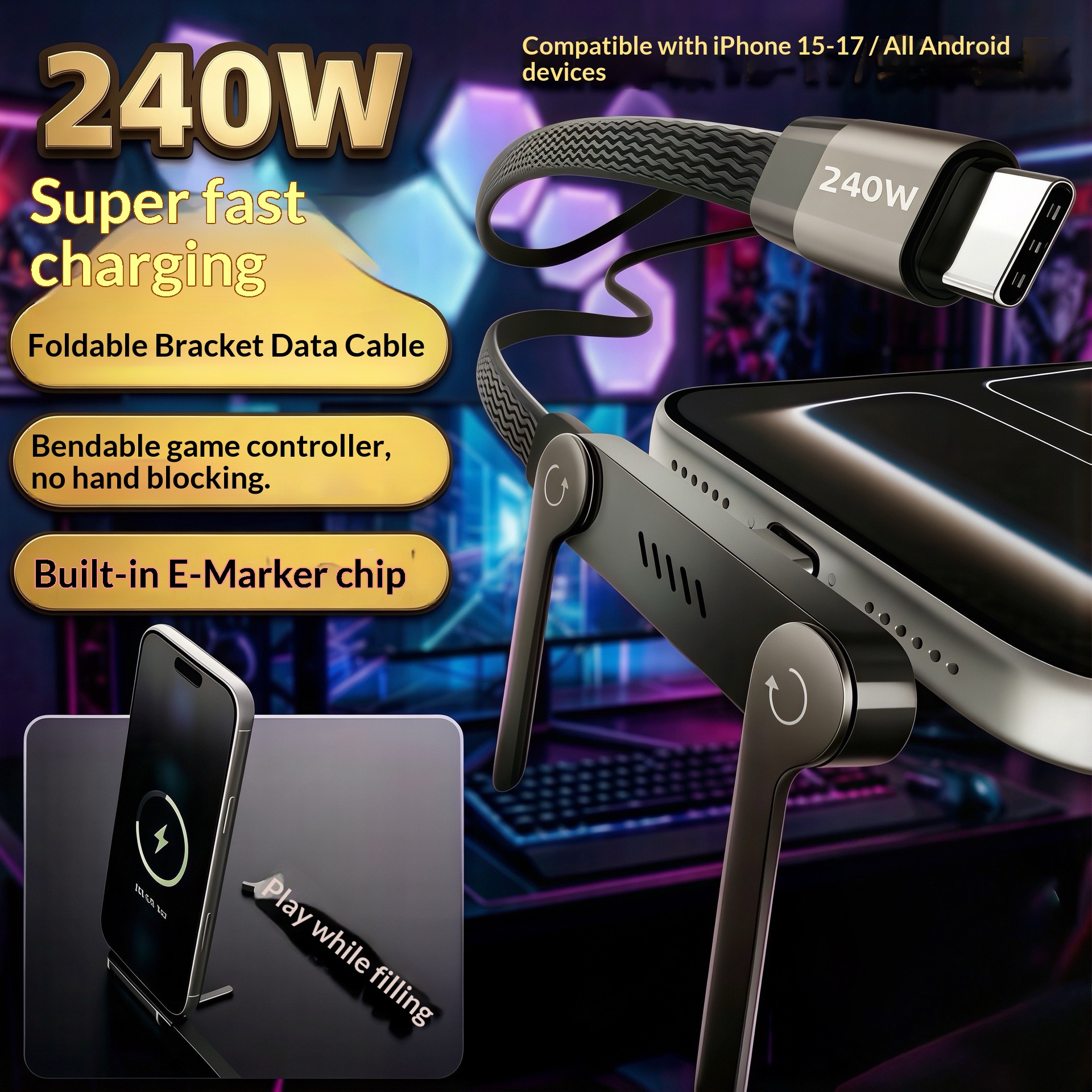 🔥240W Fast Charging USB C Cable with Foldable Phone Stand L-Shaped Braided Cord for Samsung Xiaomi Huawei