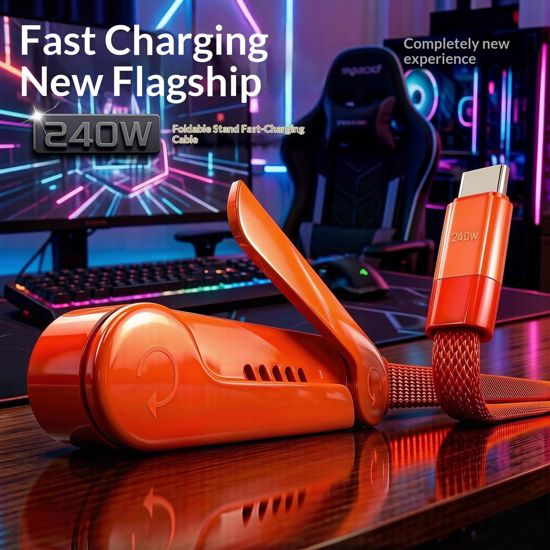 🔥240W Fast Charging USB C Cable with Foldable Phone Stand L-Shaped Braided Cord for Samsung Xiaomi Huawei