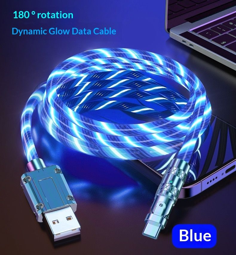 🔥LED Flowing Light Type C Cable Fast Charging 180° Rotatable For Samsung Xiaomi Huawei Car Charger Cord