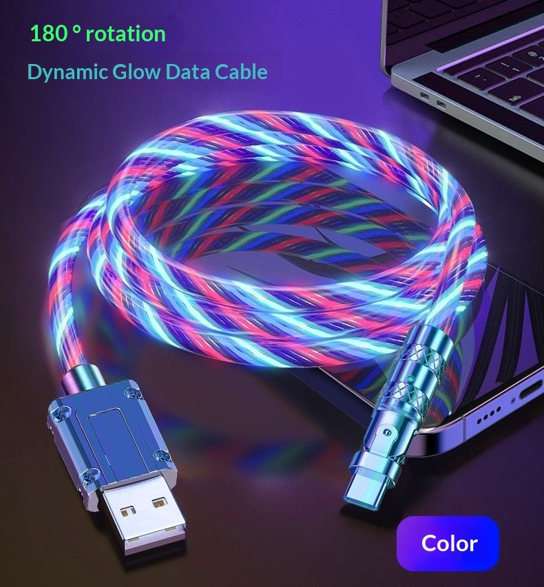 🔥LED Flowing Light Type C Cable Fast Charging 180° Rotatable For Samsung Xiaomi Huawei Car Charger Cord