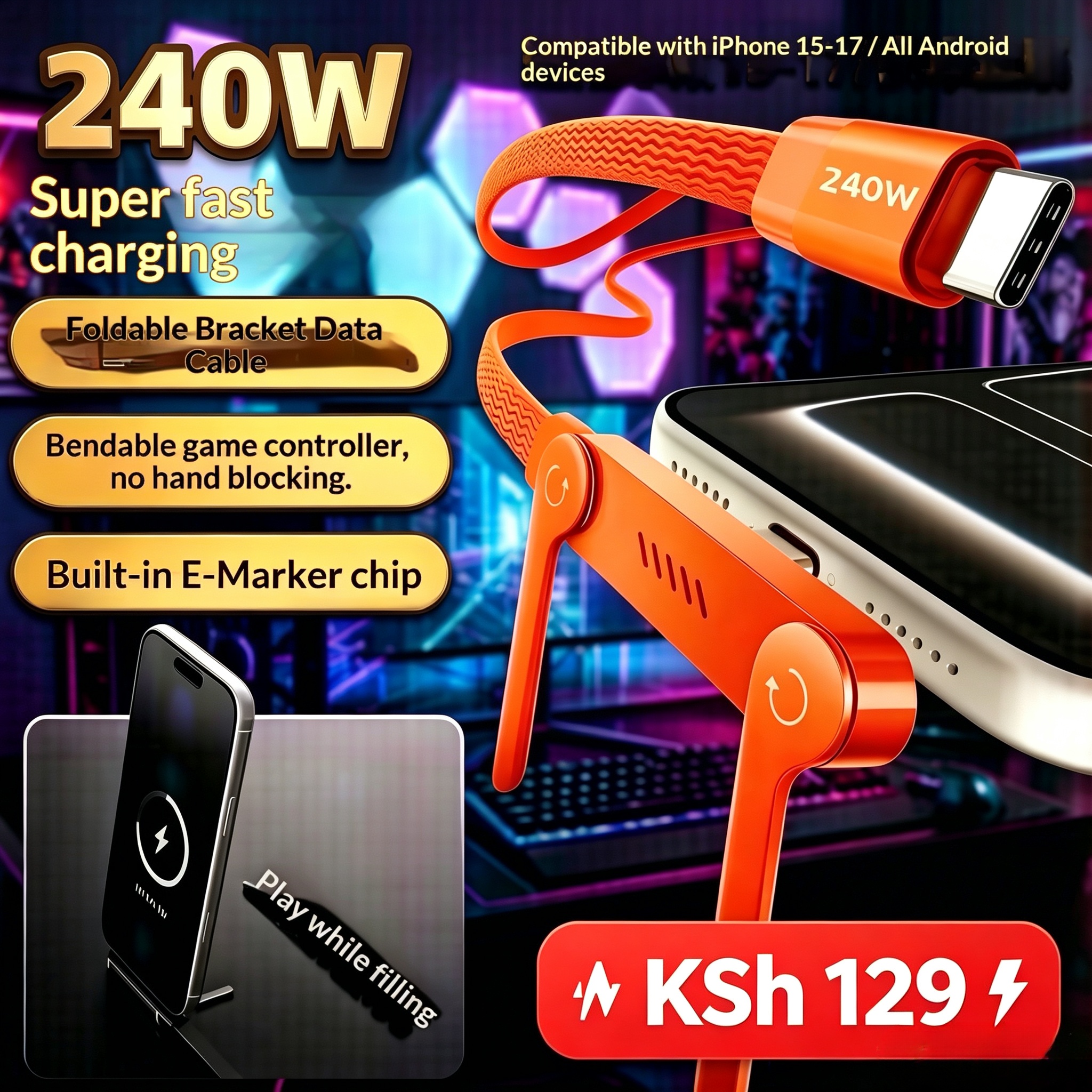 🔥240W Fast Charging USB C Cable with Foldable Phone Stand L-Shaped Braided Cord for Samsung Xiaomi Huawei