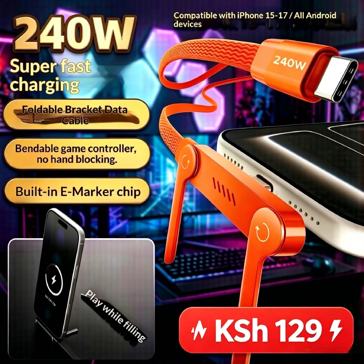 🔥240W Fast Charging USB C Cable with Foldable Phone Stand L-Shaped Braided Cord for Samsung Xiaomi Huawei