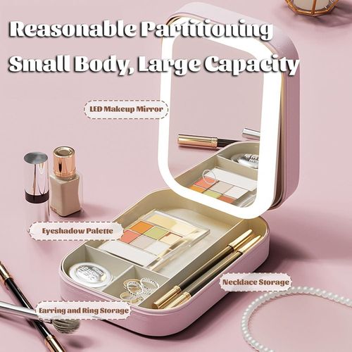 Portable LED makeup case with mirror, USB charging, 1000mAh battery, foldable design, durable cosmetic storage box