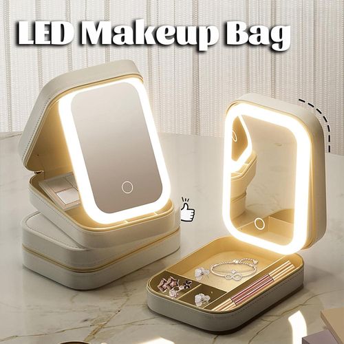 Portable LED makeup case with mirror, USB charging, 1000mAh battery, foldable design, durable cosmetic storage box