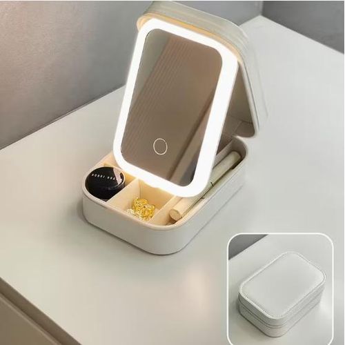 Portable LED makeup case with mirror, USB charging, 1000mAh battery, foldable design, durable cosmetic storage box