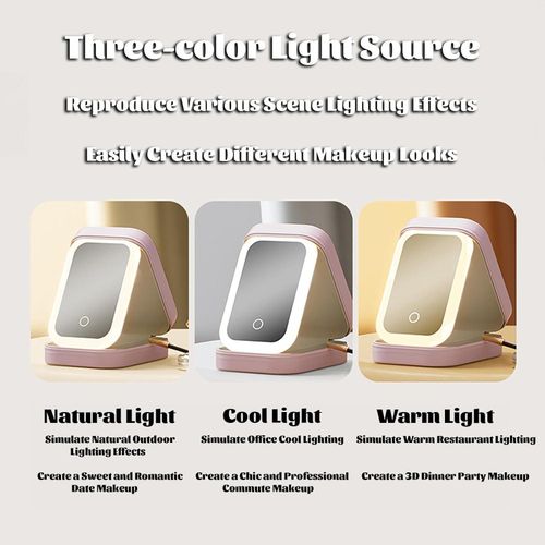 Portable LED makeup case with mirror, USB charging, 1000mAh battery, foldable design, durable cosmetic storage box