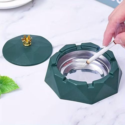 Green Crown Stainless Steel Ashtray with Lids, Ashtray for Indoor or Outdoor Use, Windproof, Ash Holder for Smokers, Desktop Smoking-Ash Tray for Home, Office Decoration Home Décor Accents