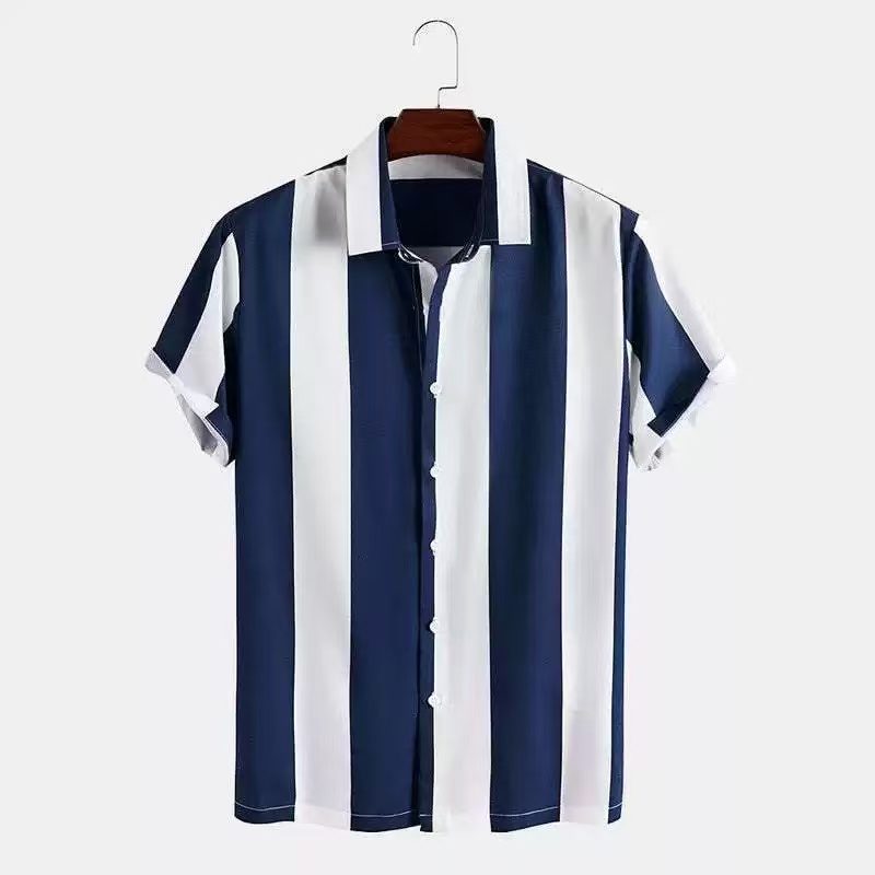 Men's Casual Short Sleeve T-Shirt - Blue & White Cotton-Polyester, Sizes S-XXXL
