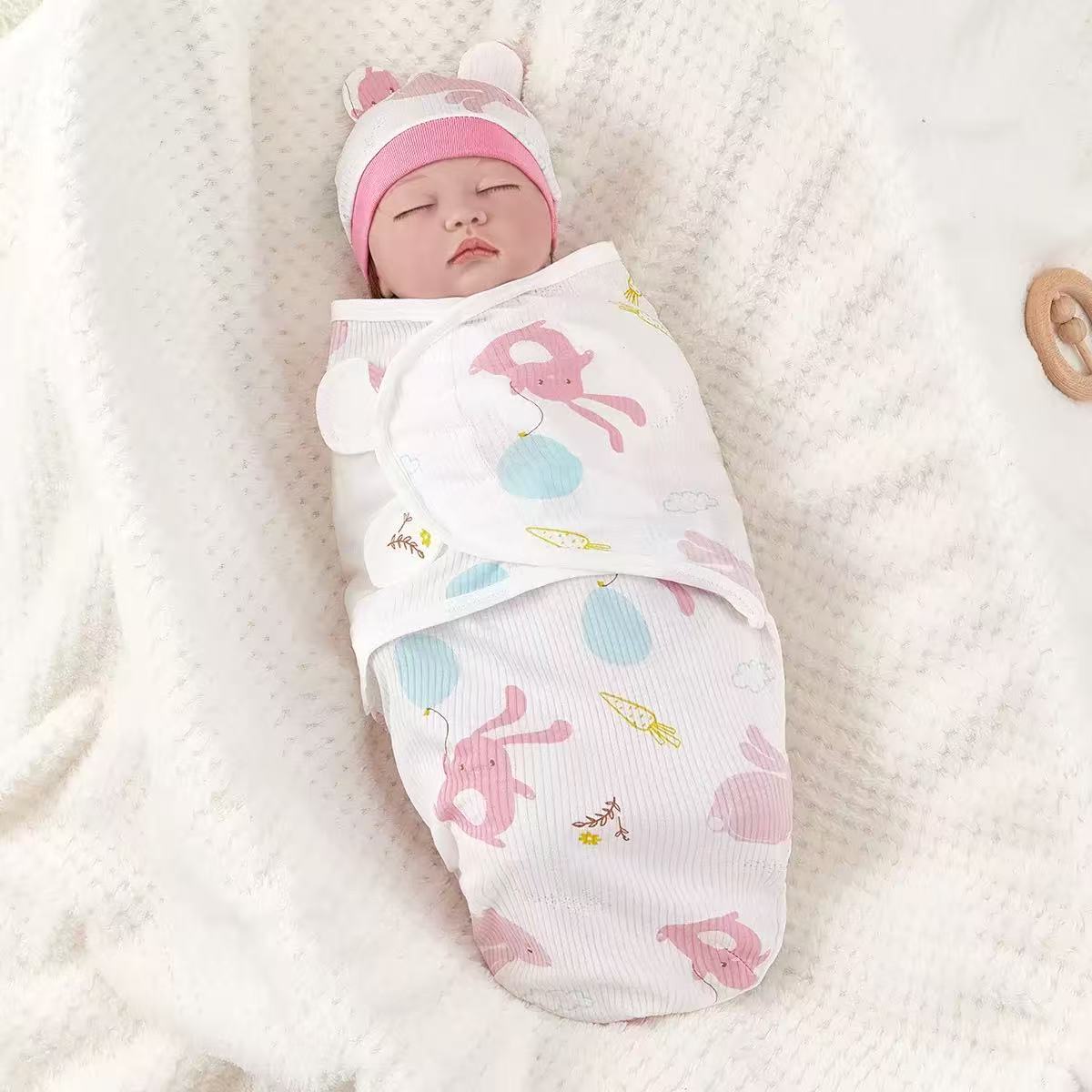 Cotton Baby Swaddle Blanket & Hat Set - 0-2M, White, 2-Piece, Soft & Breathable