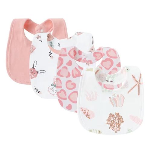 4-Piece Baby Cotton Bib Set - Soft, Absorbent, Snap Closure - Multi Color Prints for Boys & Girls