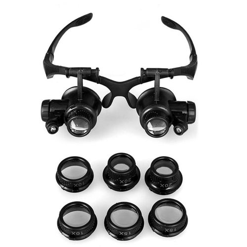 Black LED Head Magnifier - Double Eye Glasses for Jewelry & Watch Repair, Interchangeable Lenses, 19x21x7cm