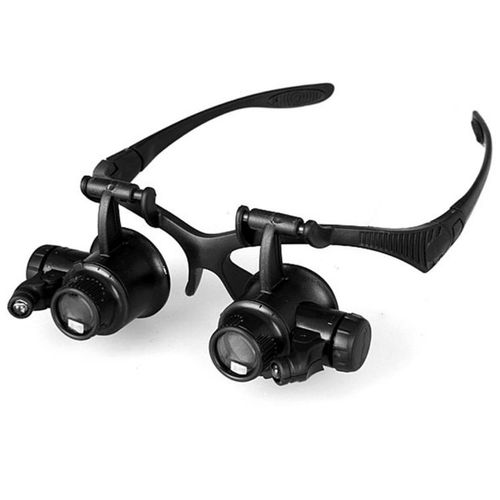 Black LED Head Magnifier - Double Eye Glasses for Jewelry & Watch Repair, Interchangeable Lenses, 19x21x7cm