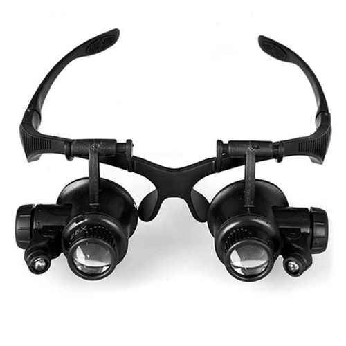 Black LED Head Magnifier - Double Eye Glasses for Jewelry & Watch Repair, Interchangeable Lenses, 19x21x7cm