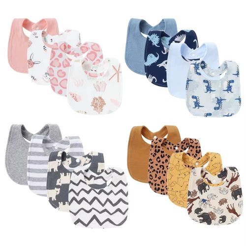 4-Piece Baby Cotton Bib Set - Soft, Absorbent, Snap Closure - Multi Color Prints for Boys & Girls