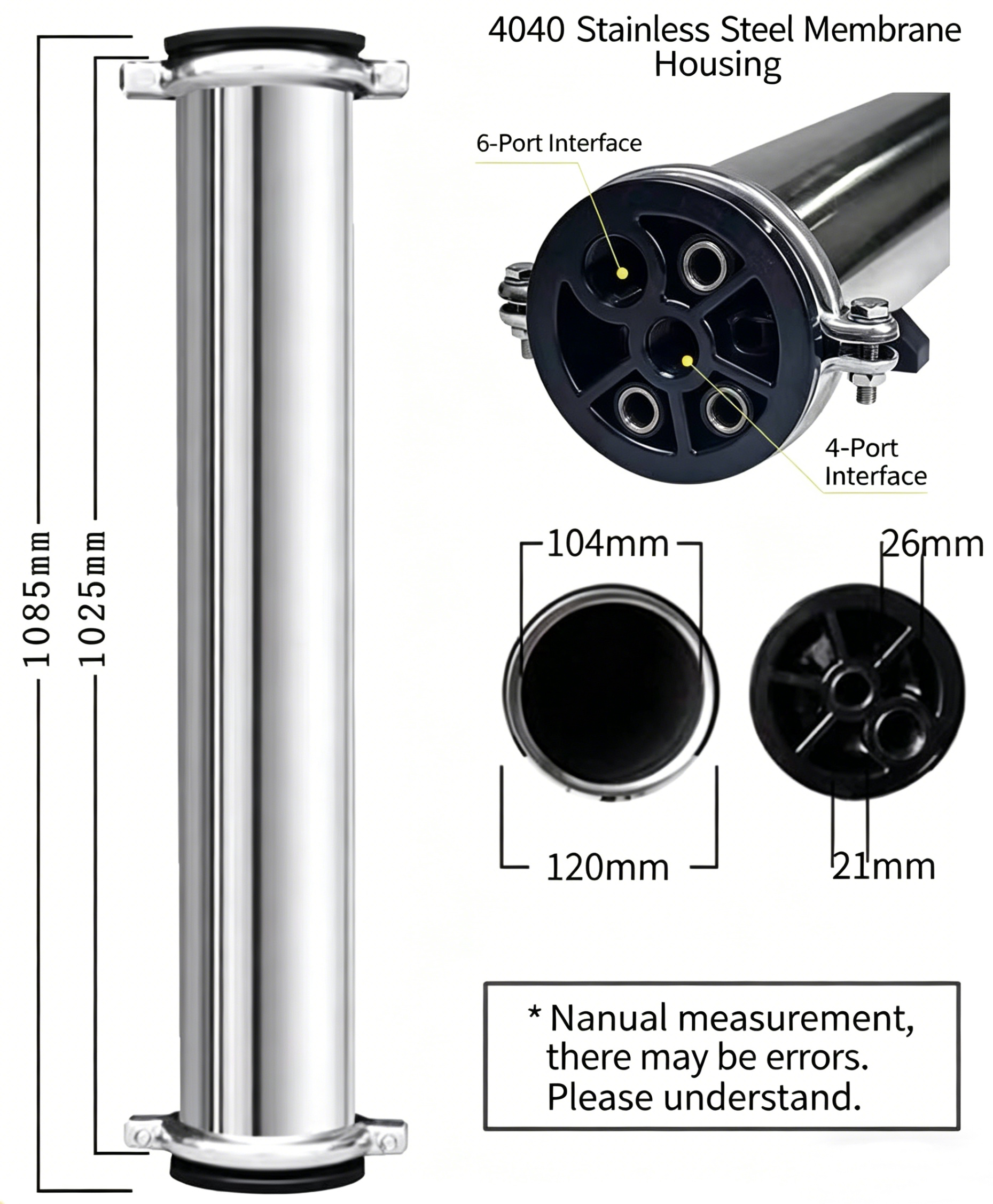 4040 Stainless Steel Reverse Osmosis RO Membrane Housing, Universal Water Treatment Shell Fittings for 8040