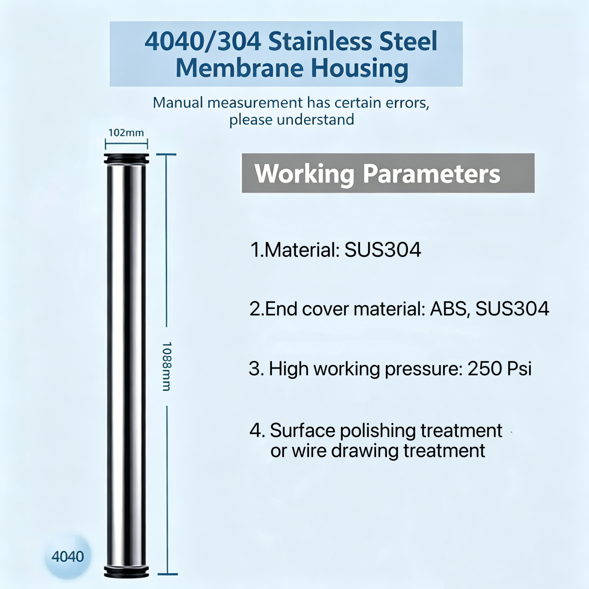 4040 Stainless Steel Reverse Osmosis RO Membrane Housing, Universal Water Treatment Shell Fittings for 8040