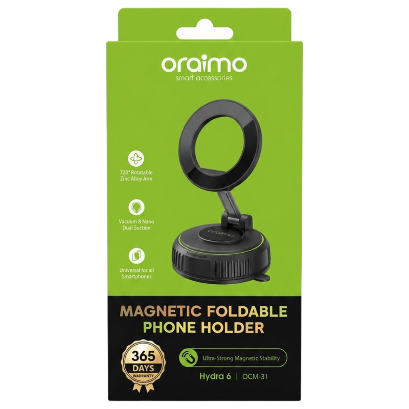 Oraimo Hydra 6 OCM-31 Magnetic Foldable Car Phone Holder 720° Rotatable Zinc Alloy Arm Vacuum & Nano Dual Suction Universal Dashboard Mount for Samsung Oppo Redmi Smartphones 365 Days Warranty