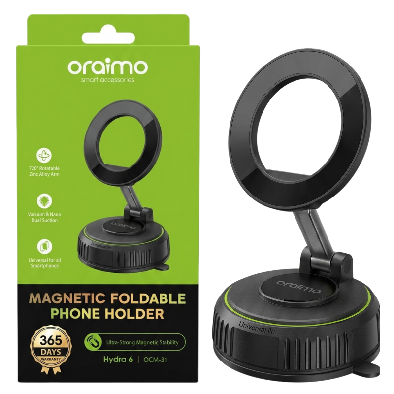 Oraimo Hydra 6 OCM-31 Magnetic Foldable Car Phone Holder 720° Rotatable Zinc Alloy Arm Vacuum & Nano Dual Suction Universal Dashboard Mount for Samsung Oppo Redmi Smartphones 365 Days Warranty