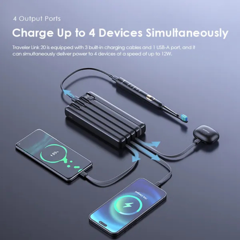 Oraimo Traveler Link 20 20000mAh Power Bank, 4-in-1 Built-in Charging Cables (Type-C, Micro USB, Lightning), 12W Fast Charging Portable Charger for Smartphones and Tablets