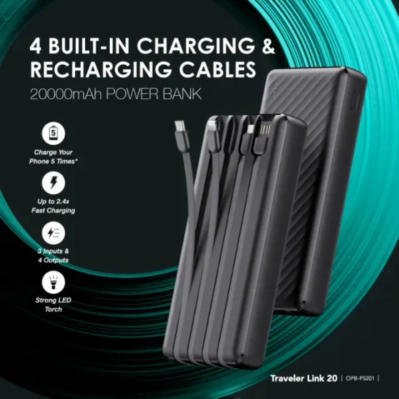 Oraimo Traveler Link 20 20000mAh Power Bank, 4-in-1 Built-in Charging Cables (Type-C, Micro USB, Lightning), 12W Fast Charging Portable Charger for Smartphones and Tablets