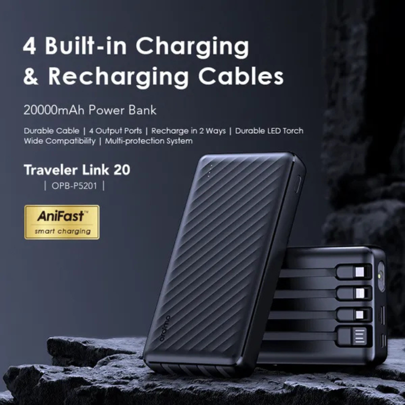 Oraimo Traveler Link 20 20000mAh Power Bank, 4-in-1 Built-in Charging Cables (Type-C, Micro USB, Lightning), 12W Fast Charging Portable Charger for Smartphones and Tablets