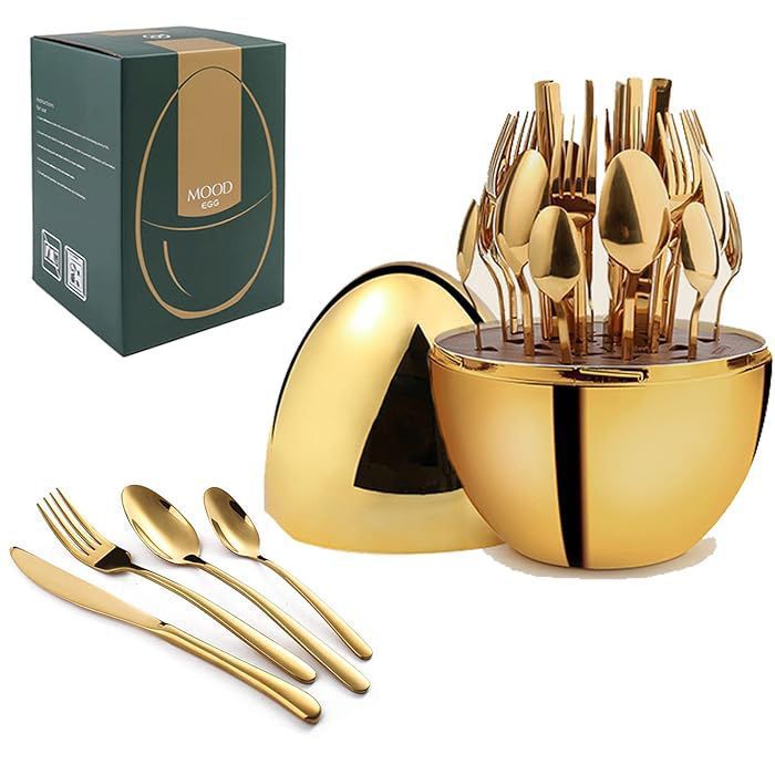 Executive Egg-Shaped Cutlery Set / 36Pc (9 Dinner Knives 9 Dinner Forks 9 Table Spoons 9 Tea Spoons 1 Egg shaped case) in  Gold/silver Color